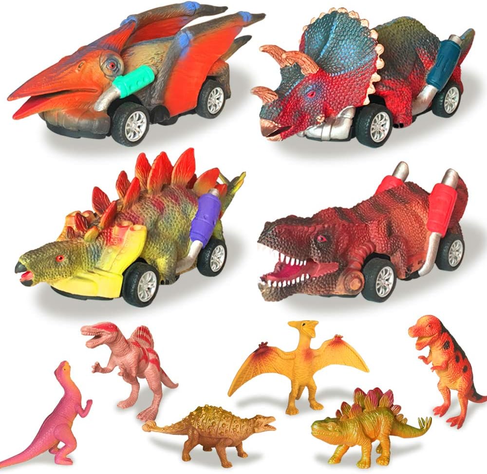 Divwa Dinosaur Toys Pull Back Car, 10 Pack Dino Car Vehicle and Figure Dinosaur Toys for for 3 4 5 6 7 8 9 Year Old Boys Toddler Kids Party Supplies Favor