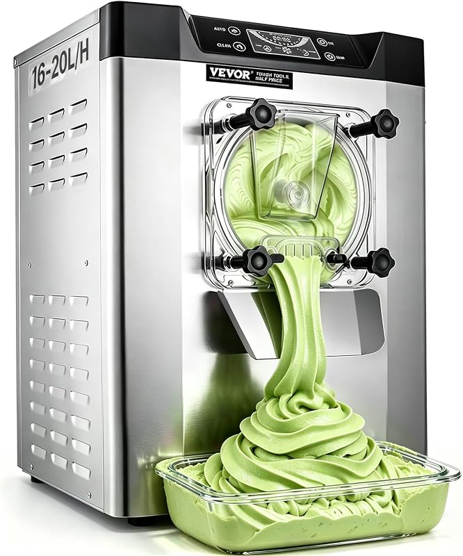 Máquina Helados Blandos YKF-618,16-20 L, Máquina de Helado de Servido Suave Acero Inoxidable 304, Heladeras Hacer Helado Cremoso, PVC de Grado Alimenticio Panel LCD Inteligente, 40 x 50 x 70 cm
