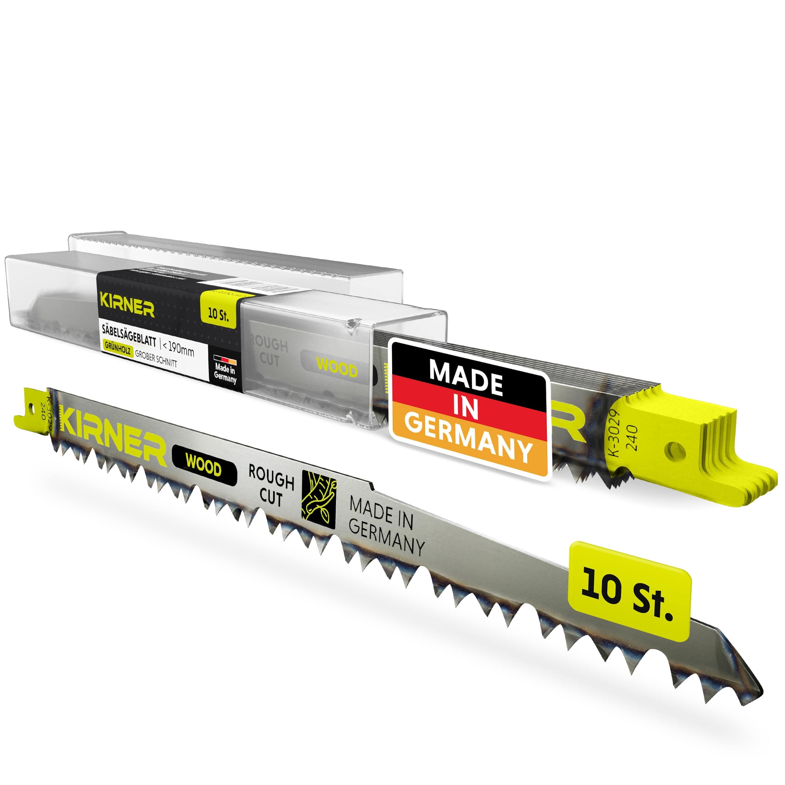 KIRNER Säbelsägeblätter Grünholz & Äste 240mm [ Extrem Scharf & Langlebig ] 10er Pack Sägeblätter Säbelsäge für die Gartenarbeit - Reciprosägeblätter mit Universalaufnahme bis zu 190mm