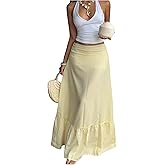 Milumia Women's Striped Ruffle Hem A Line Skirt Mid Waisted Summer Beach Maxi Skirts