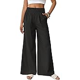 Bsubseach Linen Palazzo Pants for Women Cotton Casual Wide Leg Pants Woman Elastic Waist Summer Trousers with Pockets
