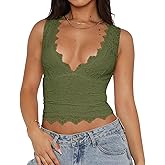Women Y2K Crop Tops Solid Color Lace Trim Deep V Neck Slim Fit Backless Sleeveless Going Out Tank Tops Streetwear