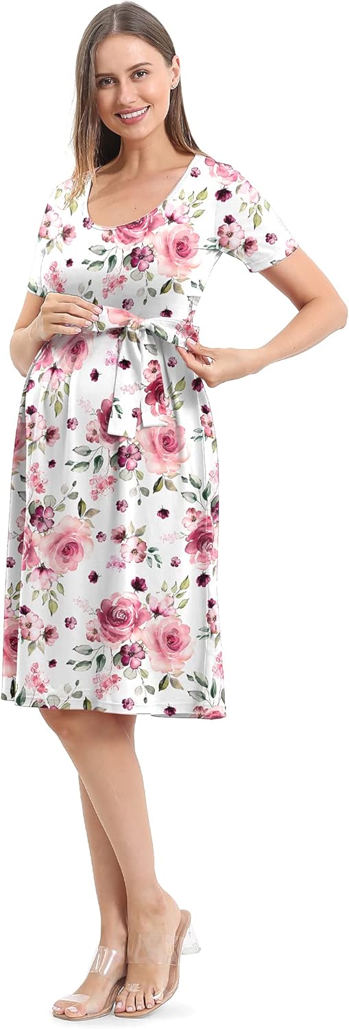 SUNNYBUY Women's Maternity Dress Casual Maternity Swing Dress Pregnancy Clothes Knee Length with Belt at  Women’s Clothing store