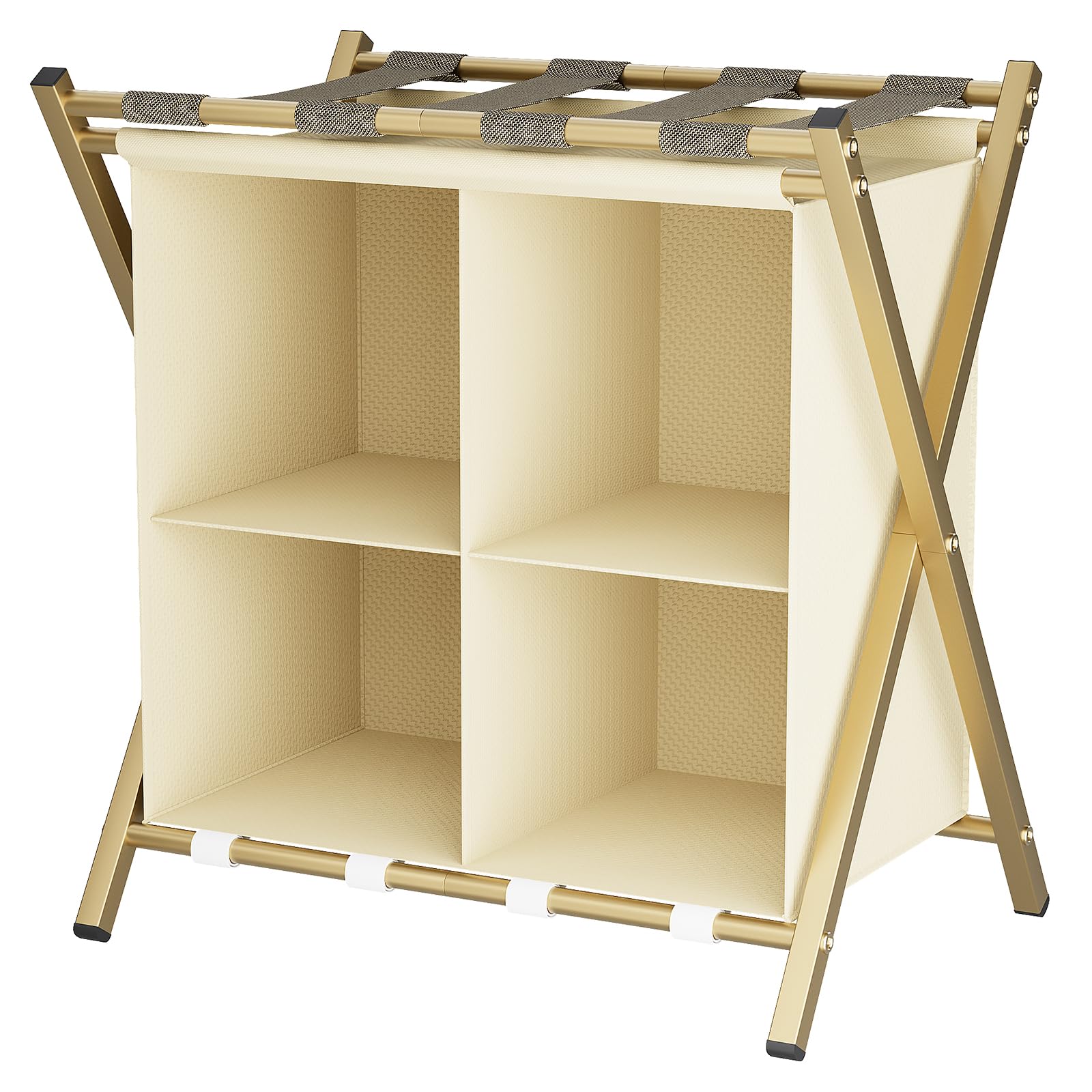 Folding Metal Luggage Rack, Suitcase Stand with Storage Shelf, Portable Luggage Rack for Guest Room, 2 Tier Luggage Stand Holder for Hotel Bedroom, Suit Case Holder Travel Chest Storage Stand,1x Gold