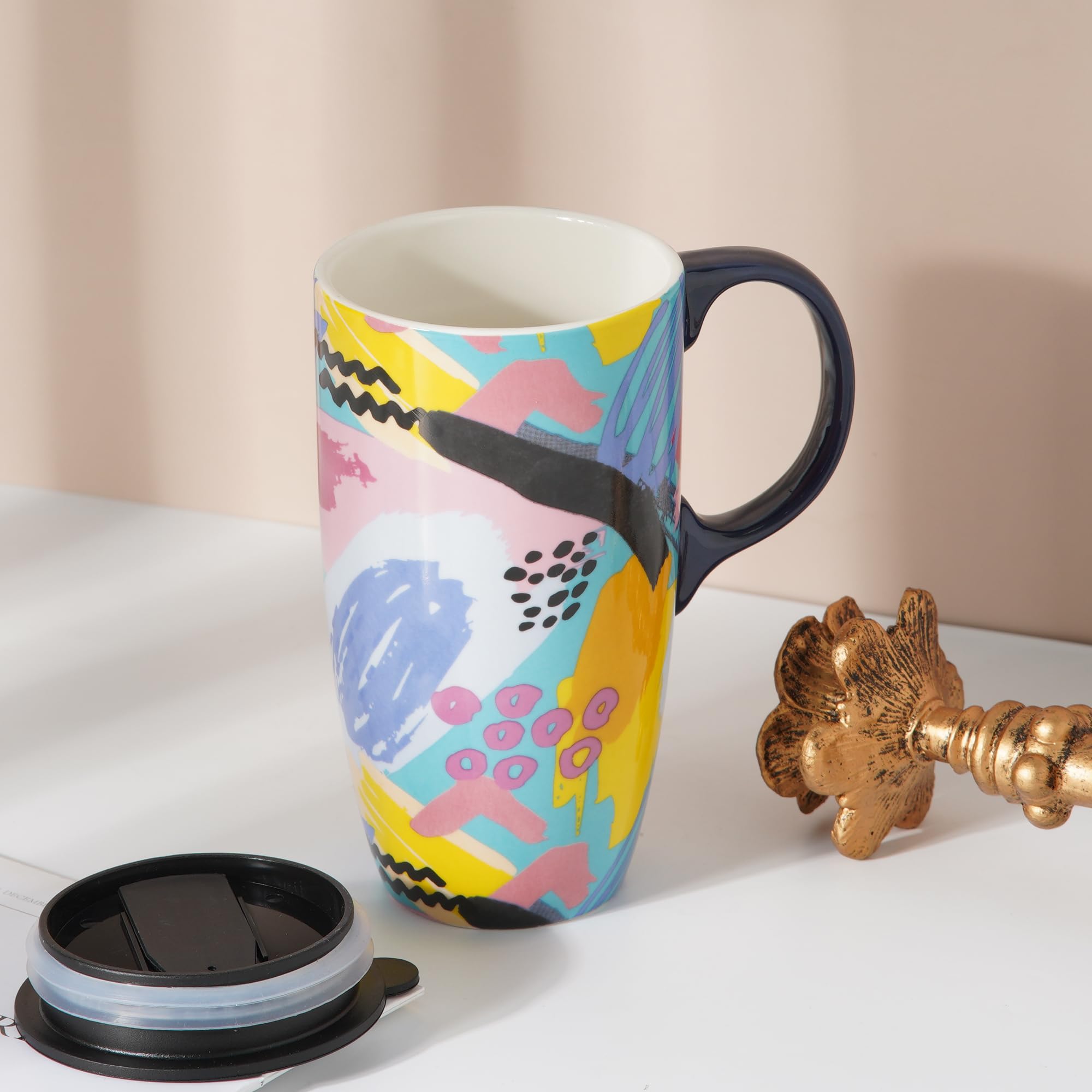 DUSVALLY Ceramic Mug Large Coffee Mug Tall Cups Porcelain Latte Tea Cup with Lid 17oz,Doodle