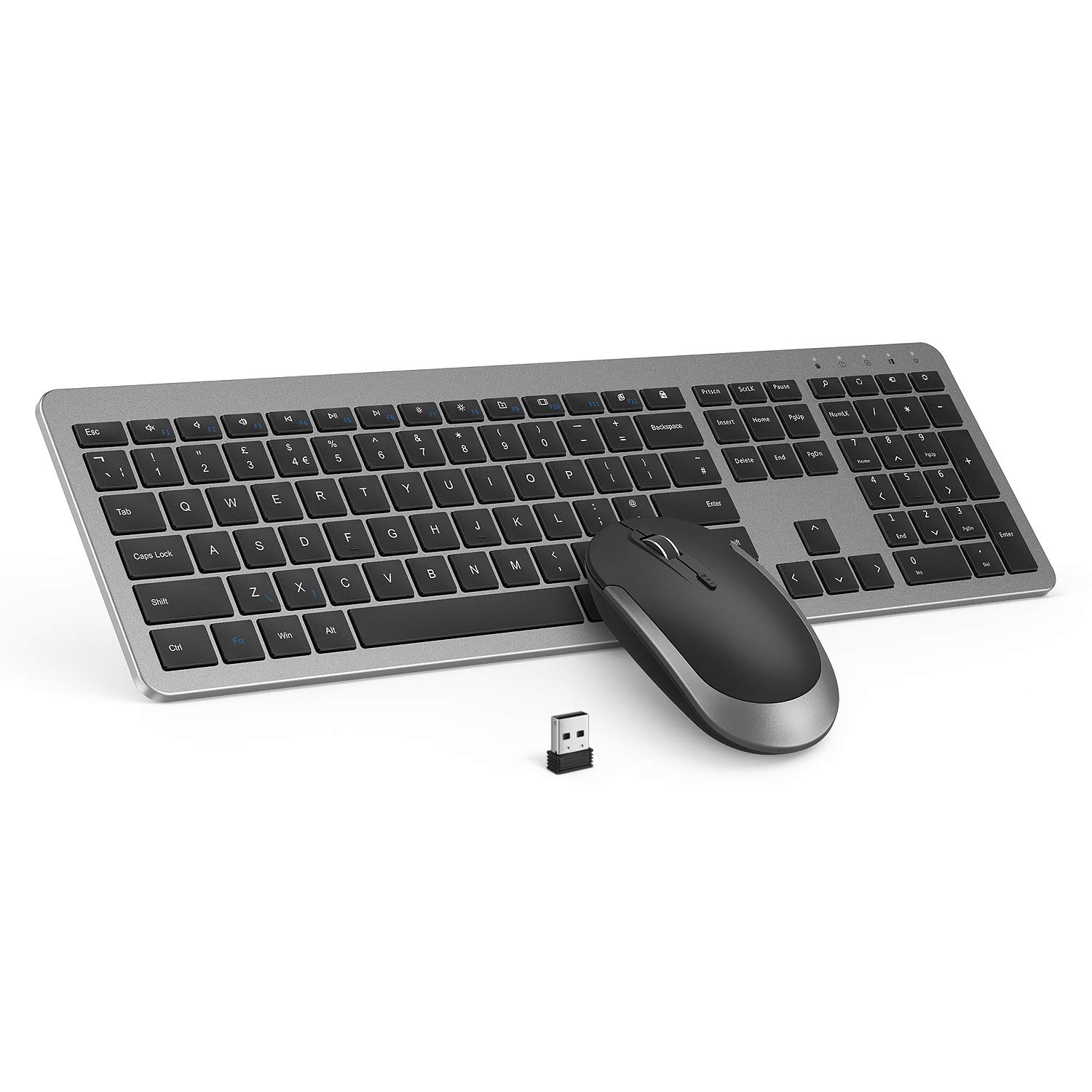 seenda Wireless Keyboard and Mouse Set, SK38 Ultra Slim Quiet USB Wireless Keyboard and Mouse Full Size QWERTY UK Layout with Numeric Keypad for Windows PC, Laptop, Computer, Black and Grey