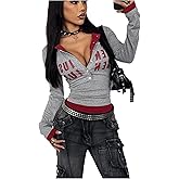 GORGLITTER Women's Letter Graphic Henley Tops Long Sleeve 2 in 1 Y2K Fitted T Shirt