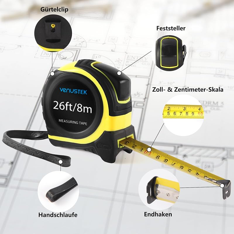 Maßband Massband, 8 m (26 Fuß), Profi Bandmaß mit Gürtelclip,Feststeller, gelb lackiert mit Zoll- und mm Skala, für Haushalt, Heimrenovierungen und Baustelle