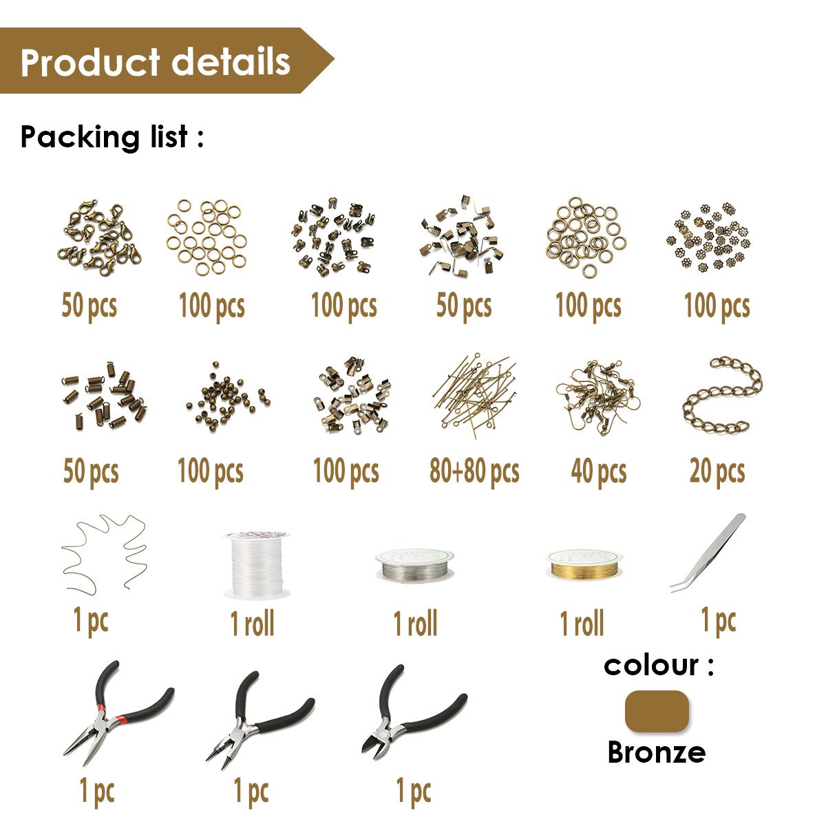 920 tlg Jeteven DIY Schmuck Basteln mit Zangen Set Schmuckherstellung, Schmuck Zubehör Werkzeug, Schmuckdraht Kette ohrringe spaltringe verschluss für Ohrring Armband Halsketten Anfänger bronze