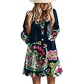 Opemiby Summer Dresses for Women 2026 Flowy Ruffle 3/4 Sleeve V Neck Tiered Casual Babydoll Boho Beach Mini Dress