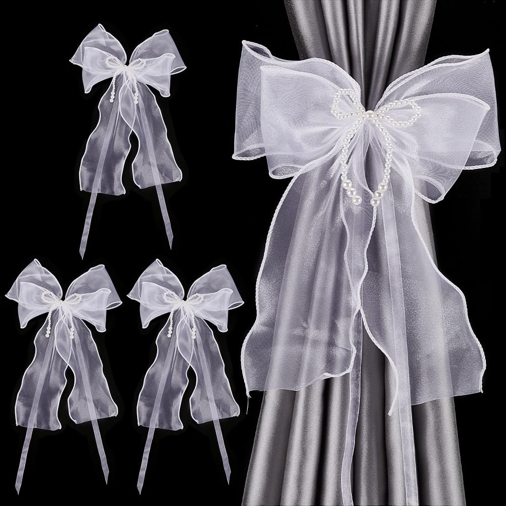FINGERINSPIRE 4PCS Bow Curtain Tieback 50.5x23.6cm White Bowknot Pearl Curtain Ties with Pin Bowknot Curtain Holdback Buckle Lace Bow Curtain Straps for Decor Drapery Holdbacks Tie Rope