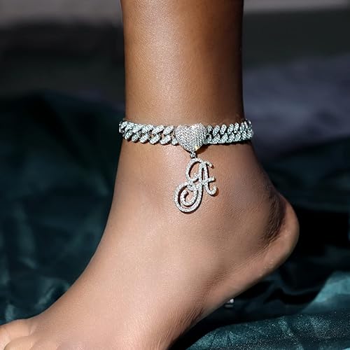 KKJTDS 13mm Silver Cuban Link Anklets for Women Cursive Pendant