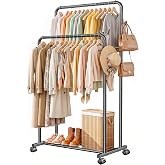 Delamu Clothes Rack Double Rods, Black, 65''Hx32''W | Clothing Racks for Hanging Clothes With Rolling Wheels, Hooks, Metal Garment Rack, Portable Wardrobe, With Shelfs,for Bedroom