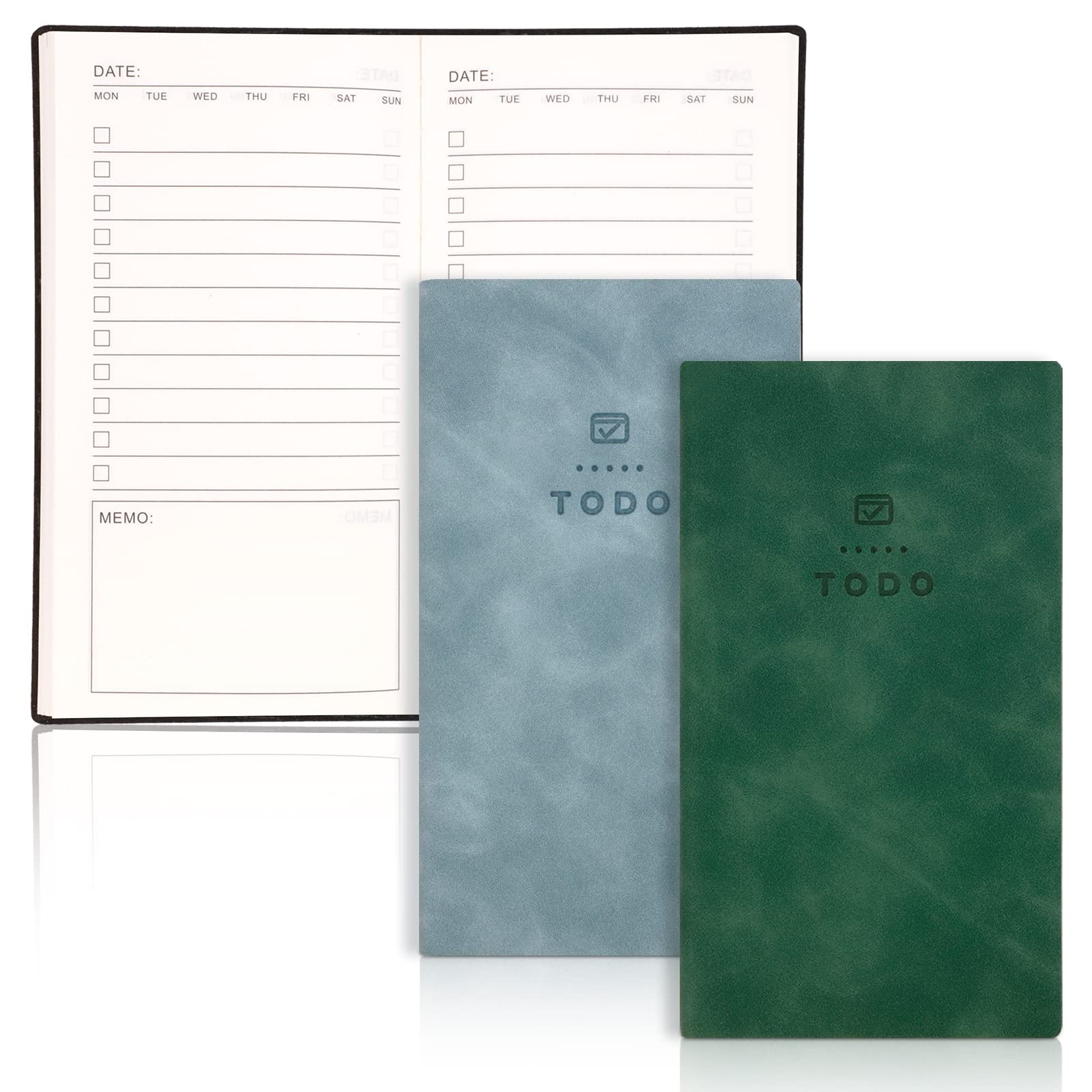 IBEQUEM 2Pcs To Do List Notebook, A6 Daily Planner Pocket Notebook with 196 Pages, Soft PU Leather Cover, Bookmarks, Task List, Undated Productivity Organizer, Study, Work, Office (Green&Light Blue) โ image 1