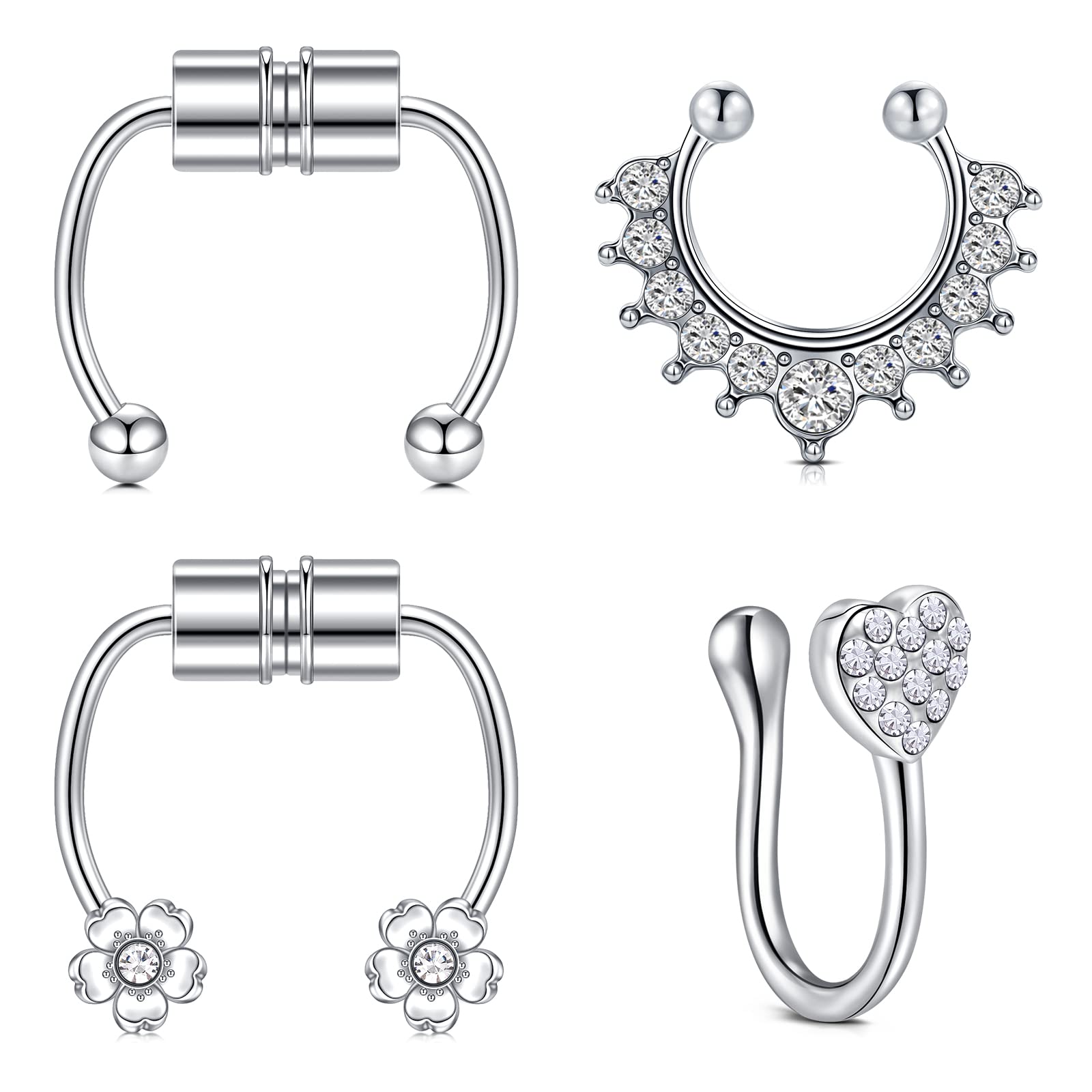 AceFun Fake Nose Ring Stainless Steel Heart folwer Inlaid CZ No Pierced Septum Nose Ring 16G 1.2mm 10mm 14mm Silver Fake Nose Rings Non-Piercing Clip On Nose Hoop Rings for Women Men