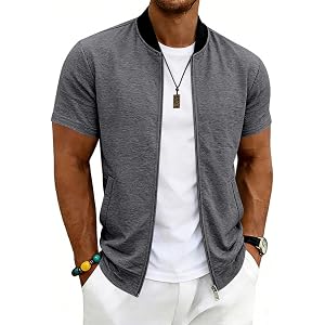 RODYETQQ Men Stand Collar Lightweight Short Sleeve Zip Front Jacket Athletic Baseball Style Casual Outerwear