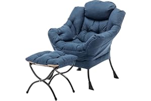 MBOOYOME Lazy Chair with Ottoman, Modern Soft Reading Chair Accent Contemporary Lounge Leisure Sofa Chair with Armrests and a Side Pocket for Living Room, Bedroom, Dorm & Office, Dark Blue