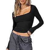 GGOV Women's Long Sleeve Crop top, Ribbed & Slim Fitted Cotton Shirts, Square Crewneck Tee Basics for Daily & Casual Wear