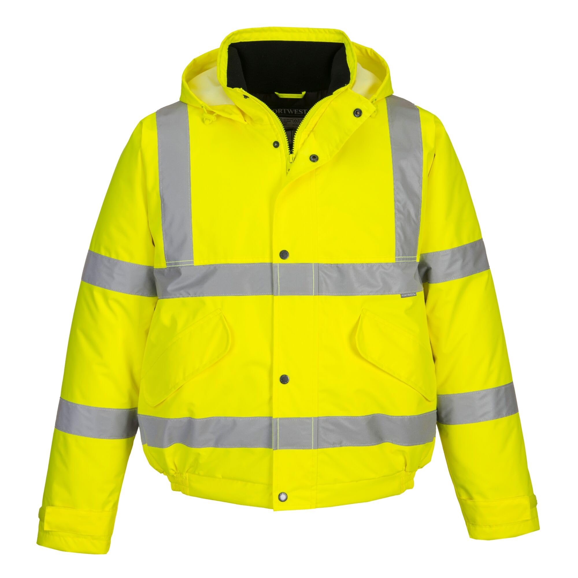 Portwest S463 Men's Hi-Vis Winter Bomber Jacket Waterproof Safety Cold Protection EN342 Certified Reflective Tape Texpel Eco Fabric Multiple Pockets Pack Away Hood, Yellow, 8XL