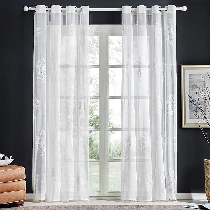 Top Finel 2 Stück Stickerei Barock Voile Gardinen Wohnzimmer Vorhänge mit ösen,140 x 245 cm,Weiß