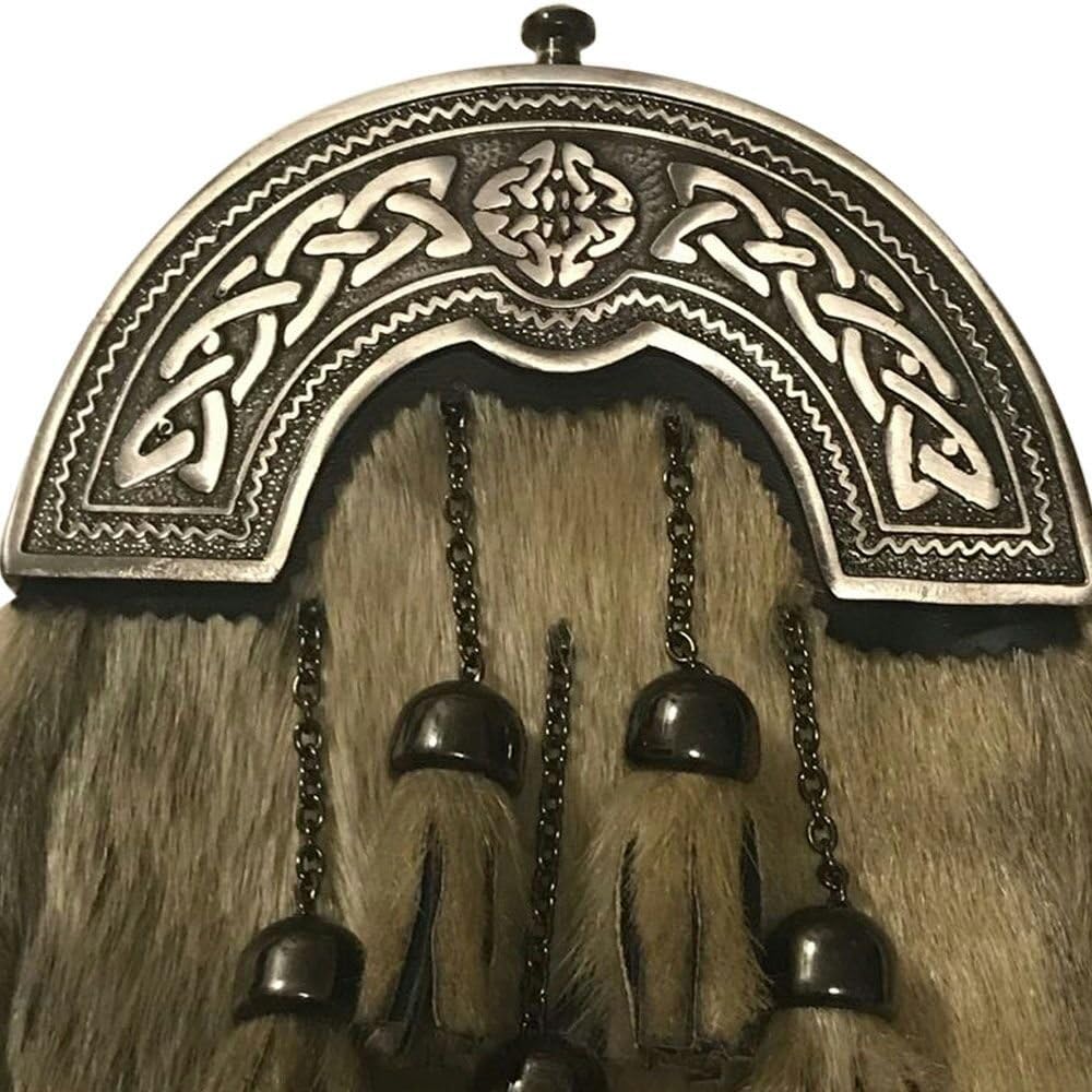 Scottish Seal Skin Dress Sporran – Antique Finish – Celtic Arch/Cantle – Capped Tassels – Men's