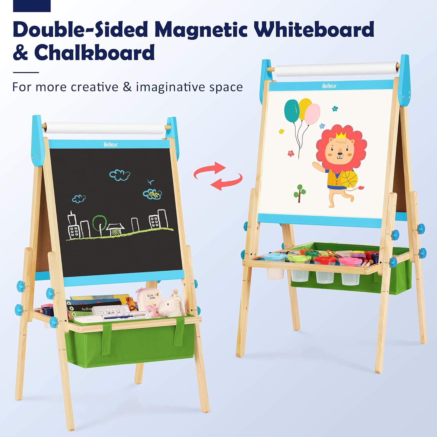 Belleur All-in-one Kid Easel Including 2 Paper Rolls, Magnetic Letters, 6 Finger Paints, 8 Colors Markers, Deluxe Standing Art Easel with Magnetic Chalkboard & Whiteboard, Easy to Adjust Height - Blue: Home & Kitchen