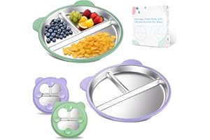 YIHCE Stainless Steel Kids Plate with Suction Set of 2, 9″ Toddler Divided Plates with Removable Non Slip Silicone Sleeves, Unbreakable Baby Snack Dishes, Mess-Free Mealtime, Mint Green & Wisteria