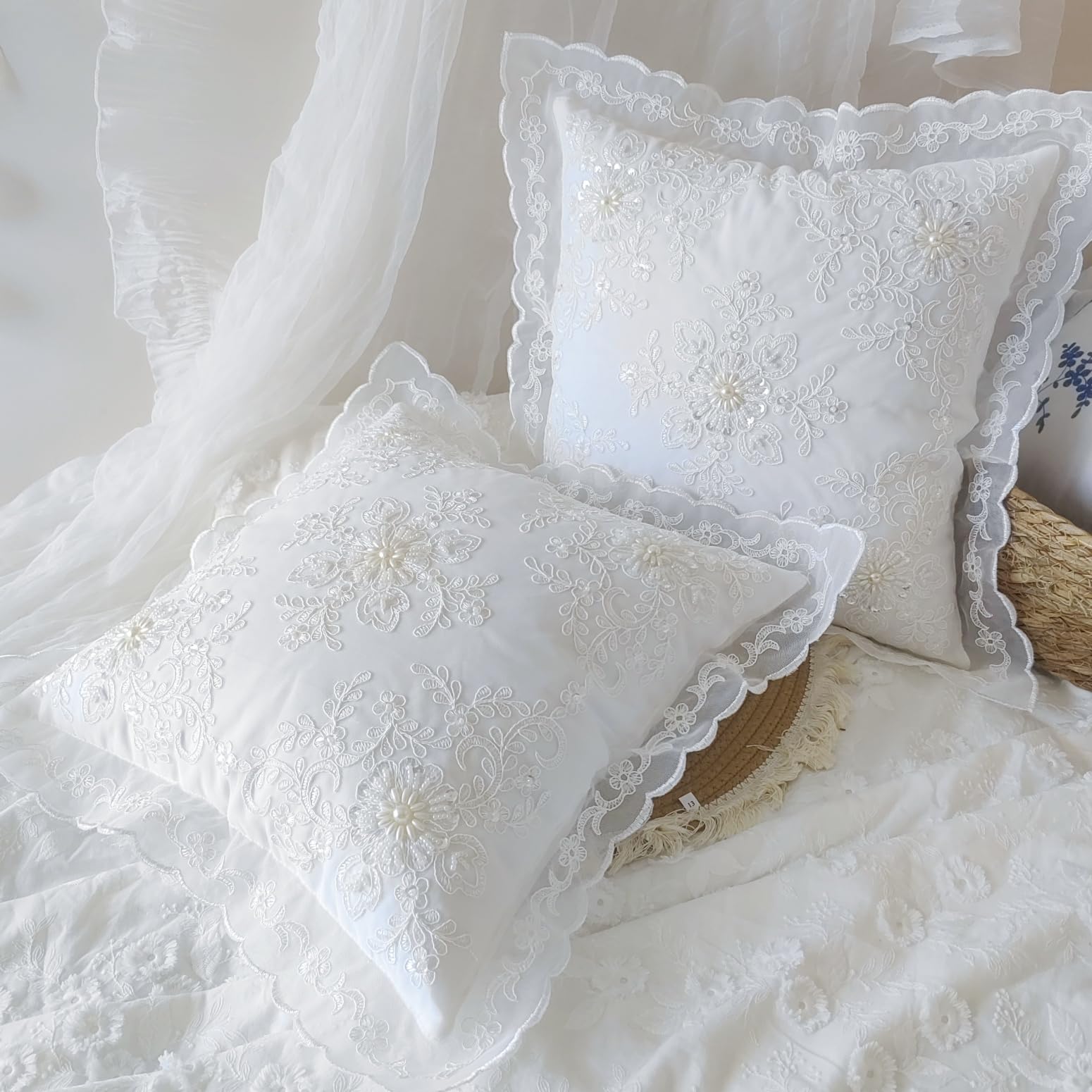 Farmhouse Floral Embroidery Throw Pillow Covers Set of 2, Exquisite Beaded Ruffle Pillow Covers, Vintage Cottage Style Cushion Covers for Banquet, Wedding, and Bedroom Decor,16x16 Inch 40x40cm