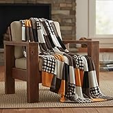 Tache Orange Plaid Blanket Fall Orange Farmhouse Super Soft Micro Fleece Plaid Patchwork Plush Lightweight Dual-Sided Decorative Couch, Sofa, Travel, Lap, Bed Throw Blanket, 63x87, Twin Size