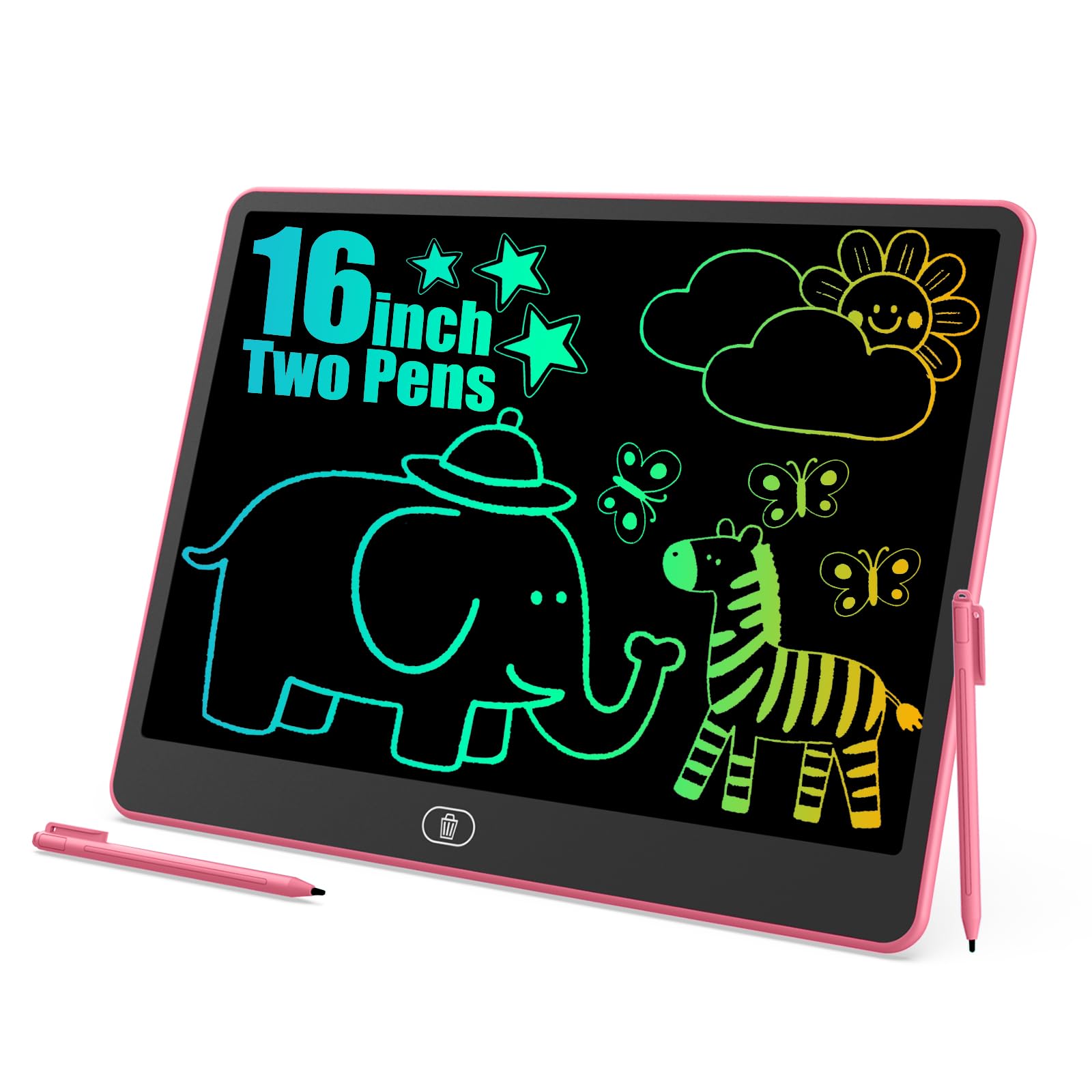 Two Pens, 16 Inch Drawing Tablet, LCD Writing Tablet, Portable Drawing Board, Wipeable and Reusable Magic Board, 3-8 Birthday Gift for Girls and Boys (Pink)