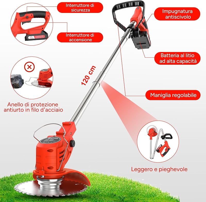 Decespugliatore a Batteria, Tagliaerba Elettrico a Batteria da 800 W, Taglia Erba da Giardino Elettrico con 4 Tipi di Lame,pieghevole