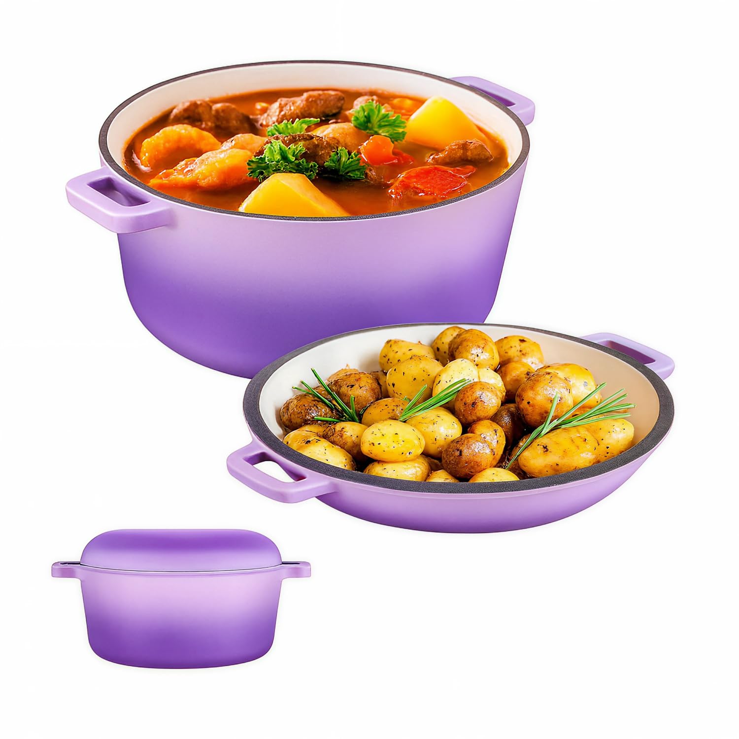 Photo 1 of Bruntmor 2-in-1 Enamel Cast Iron Dutch Oven with Handles - Crock Pot Purple Cast Iron Pot with Skillet lid - All-in-One Cookware Braising Pan for Casserole Dish - 5 Quart, Purple