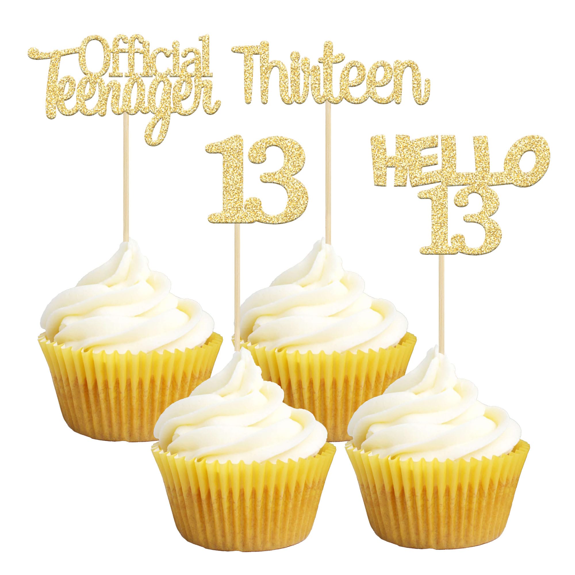 Gyufise 24Pcs Gold Glitter 13th Birthday Cupcake Toppers Hello 13 Thirteen Cake Toppers Official Teenager Cupcake Picks 13th Birthday Party Cake Decorations Supplies