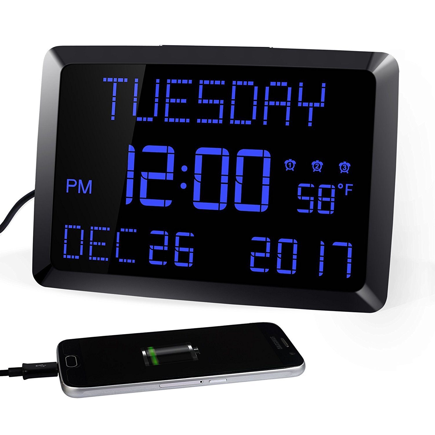 Day Clock, 11.5" Extra Large Display LED Digital Desk & Wall Calendar Alarm Day Clock with Date and Time, Battery Backup & 3 Alarms - Perfect for Elderly, Impaired Vision, Seniors, Dementia