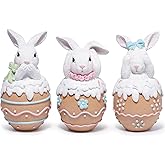 Hodao Easter Bunny Figurines Set of 3 – 5.3" Hand-Painted Resin Decorations with Pastel Easter Egg Design – Perfect for Spring Décor, Tabletops, and Festive Displays (Brown 3pcs)