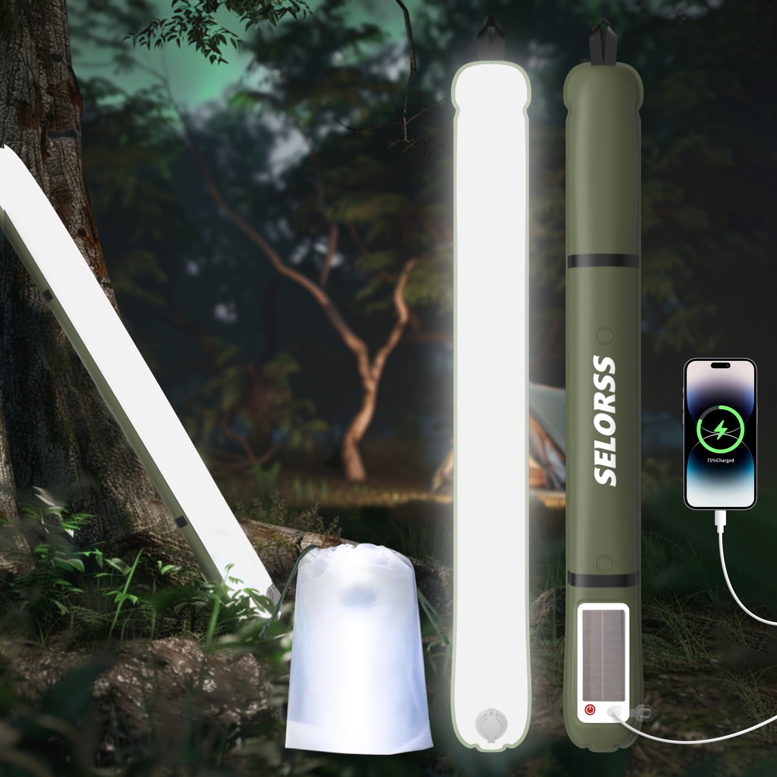 SELORSS Solar Inflatable Camping Light - 33.86IN/86CM Foldable Outask Telescopic Lamp, Portable Outdoor 2000mAh LED IP66 Waterproof with White Light for Camping, Hiking, Travel, Festival - Green