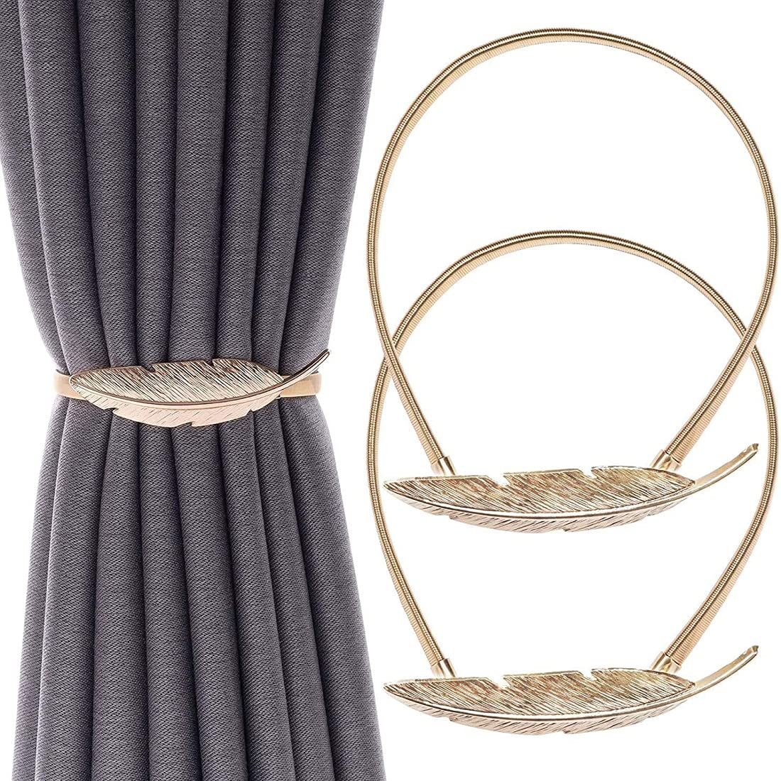 SILKSELECT 2 Pack Curtain Tiebacks Curtain Holdbacks Adjustable Decorative Alloy Curtain Straps Curtain Clip Buckle (Golden Feather)