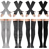 WQSOAFU 4 Sets Striped Thigh High Socks Leg Warmers Long Knitted Arm Warmers,Knee High Socks for Women Fingerless Gloves