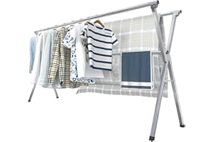 GUNQIUBA Clothes Drying Racks, Heavy Duty Stainless Steel Clothes Standing Drying Pole with 20 Windproof Hooks for The Balcony Indoor or Outdoor, Length Adjustable and Foldable (79 inch)