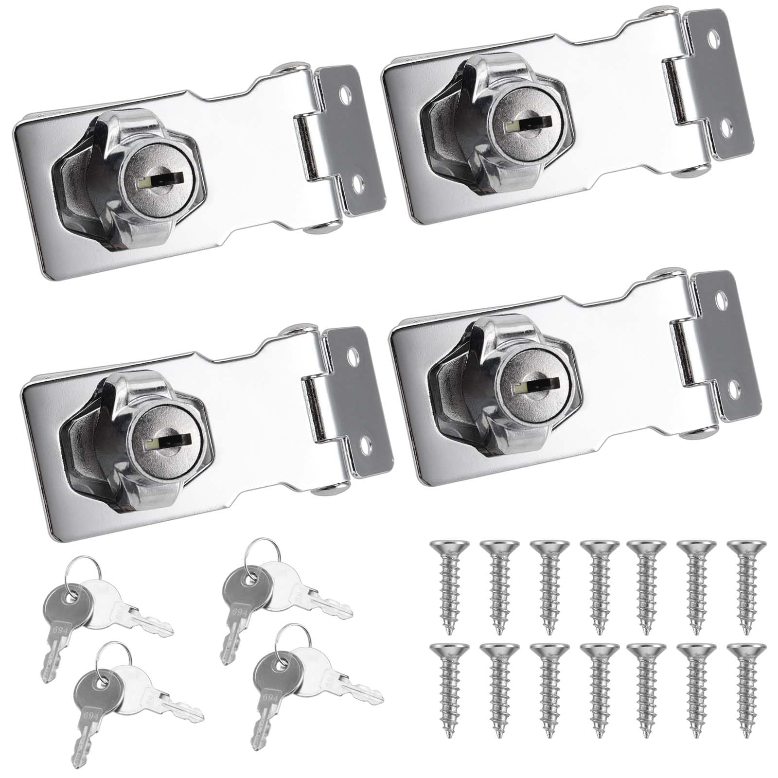 SINJEUN 4 Pack 2.5 Inch Keyed Hasp Lock and Staple, Padlock Shed Lock Door Lock Hasp Silver Twist Knob Lock, Heavy Duty Metal Lock Hasp for Cupboard, Doors, Windows