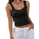 Women's Lace Trim Ribbed Tank Tops, Sexy Square Neck Wide Strap Camisole with Bow, Slim Fit Y2K Going Out Cami Tops