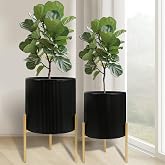 ARNIS Modern Plant Pots, Set of 2 Round Large Planters with Stand, Large Size Metal Pots with Drainage Holes for Living Room, Office, Garden or Balcony, 10.5 &amp;12.25 Inch, Black &amp; Gold