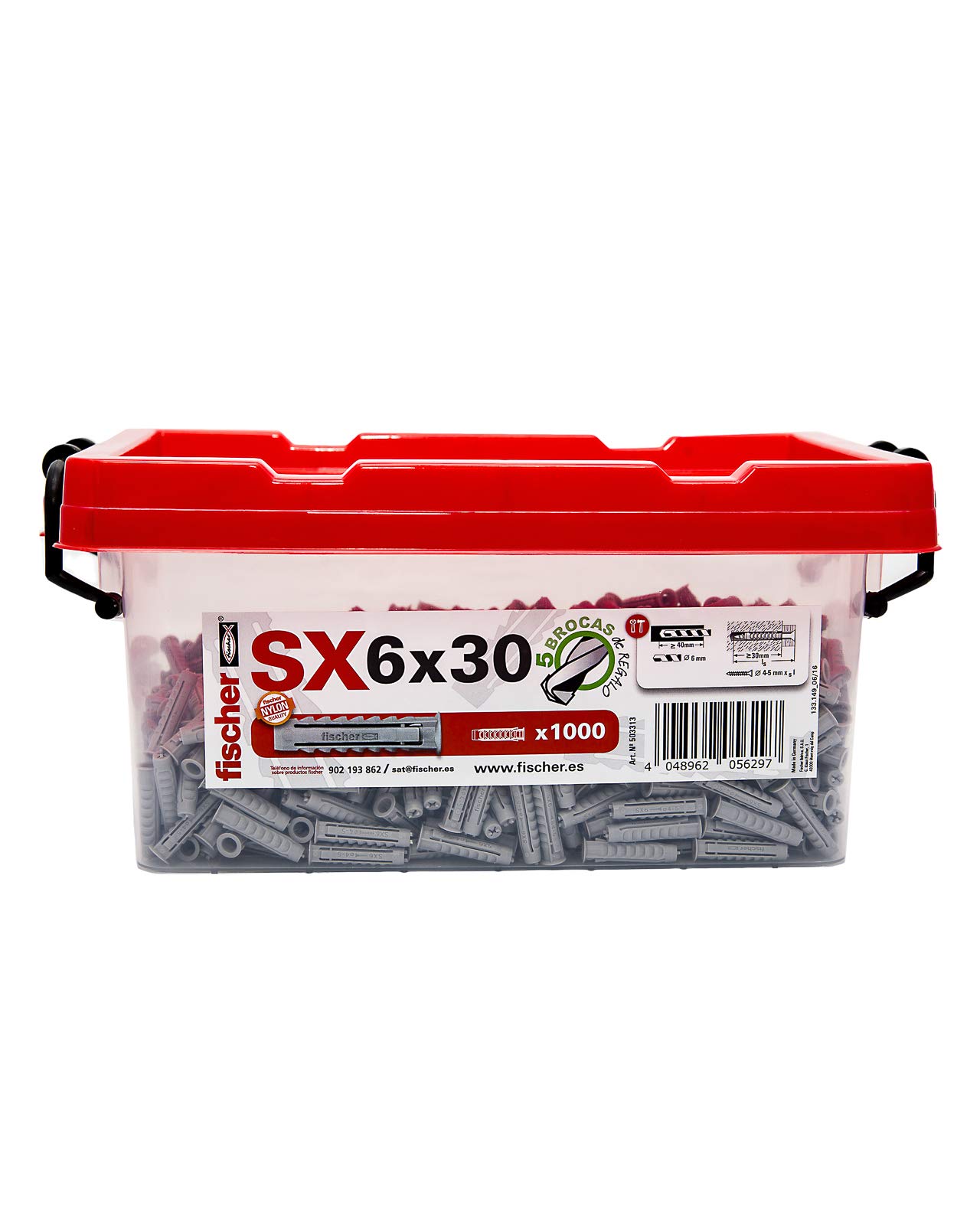 Fischer 503313 Box Nylon Plug SX 6 x 30 – 1,000 Units, Grey, 6 x 30 (Box of 1000 Units)