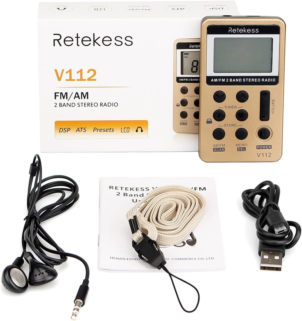 Retekess V112 AM FM Radio Portable Mini Radio with Earphone Pocket Digital Tuning Rechargeable Battery LCD Display for Walking Jogging(Gold)