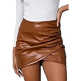 We1Fit Womens Fuax Leather Skirt High Waist Bodycon Mini Asymmetrical Ruched Wrap Skirts with Shorts