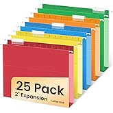 SUNEE Hanging File Folders Extra Capacity Assorted Colors, 25 Pack Letter Size File Folders with 1/5-cut Tabs, Heavy Duty 2 Inch Expansion, Stay Organized for Your Home and Office Bulk File