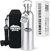 Tactiko Survival 51 oz/1500 ml Stainless Steel Wide Mouth Water Bottle, Single Wall Boil-Safe, Leakproof, BPA-Free with Carry Sleeve and Strap for Camping, Hiking, Outdoor Prep (Black)