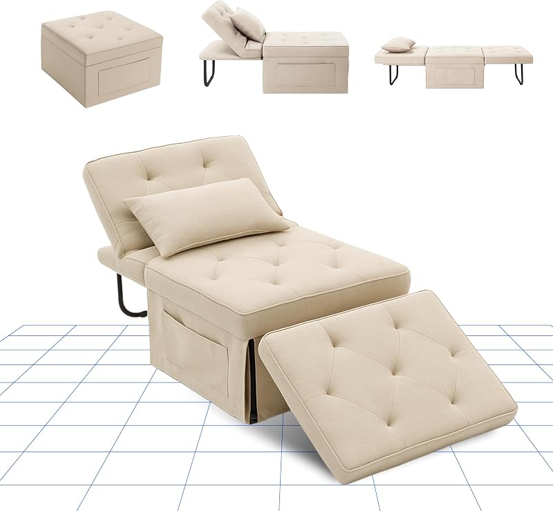 Poltrona Relax Pieghevole 3 in 1, Sedia a Sdraio Trasformabile con Funzione Letto, Portata 300 kg,Beige, 72×69×35 cm