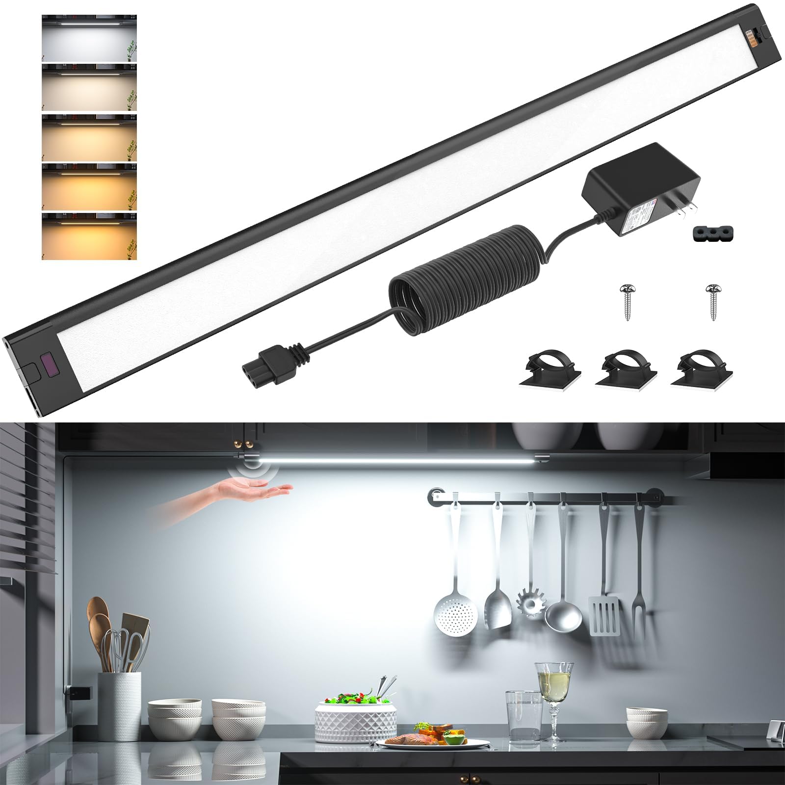 Photo 1 of WOBANE Under Cabinet Lighting,Dimmable Counter Lights for Kitchen with 5 Color,Wireless Hand Wave Activated,Plug in LED Light Bar for Kitchen,Shelf,Pantry,Workbench,16.5 inch,800LM,Black