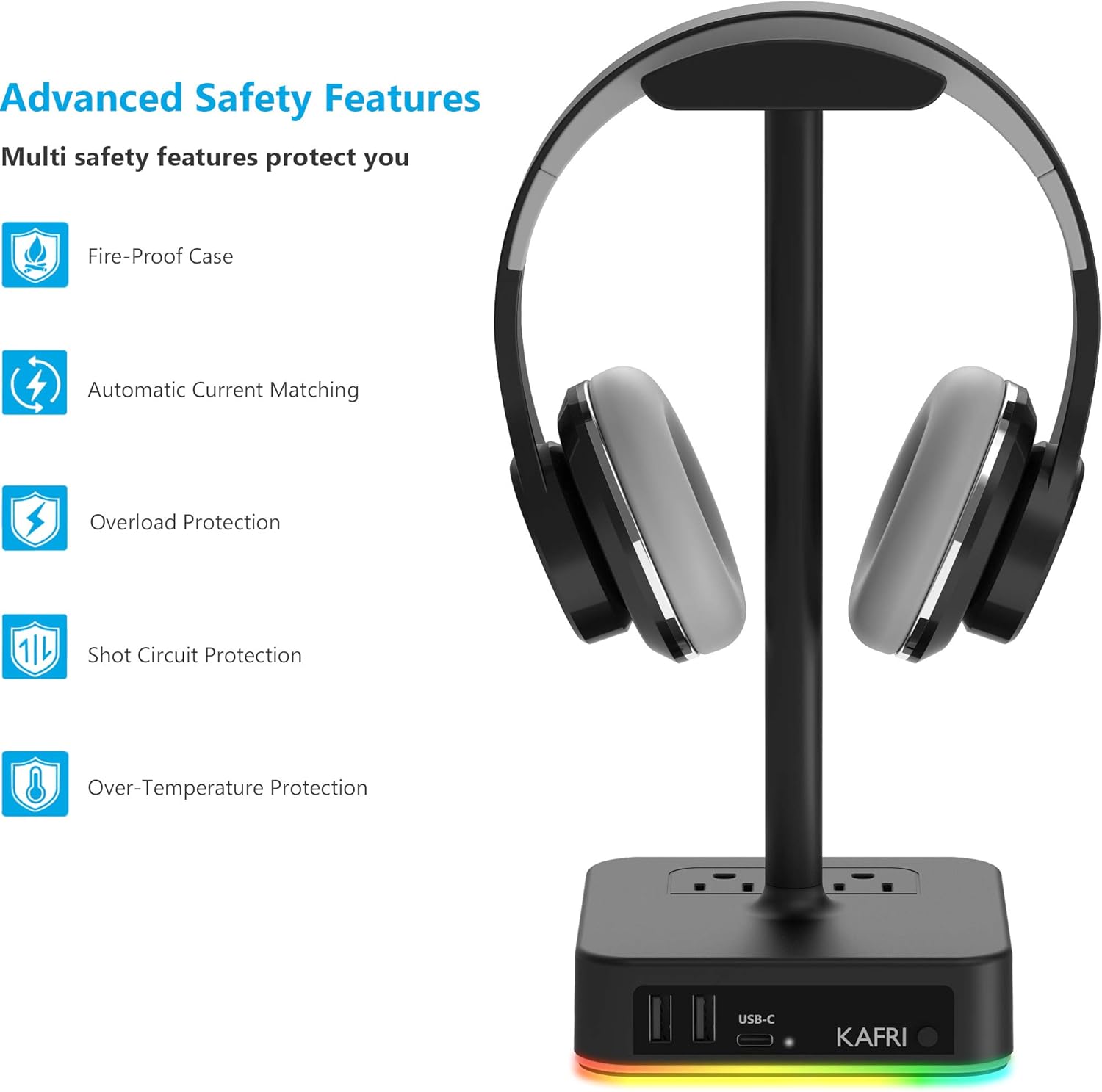 KAFRI RGB Headphone Stand with USB Charger Desk Gaming Headset Holder Hanger Rack with 3 USB Charging Port and 2 Outlet - Suitable for Gamer Desktop Table Game Earphone Accessories Boyfriend Gift: Electronics